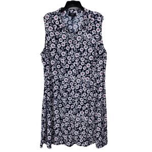 MSK Dress Plus Sz 3X Sleeveless Navy Blue Floral Daisy Button Front Flowy Spring